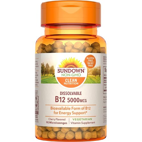 Sundown Dissolvable B12 5000mcg Supports Cellular Energy, Vegetarian, Cherry Flavored, 90 Microlozenges