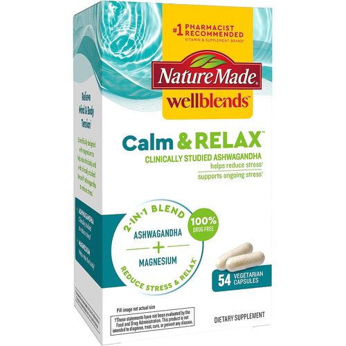 Nature Made Wellblends Calm & Relax, Ashwagandha 125 Mg, Magnesium 300 Mg, 54 Vegetarian Capsules