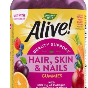 Alive Hair, Skin & Nails Gummies with Collagen, Biotin, Vitamins C & E, Beauty Support strawberry flavoured