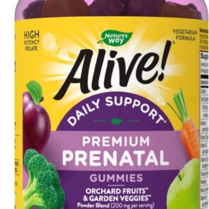 Alive Complete Premium Prenatal Gummy Multivitamin, High Potency Folate, Plant-Based DHA, Vegetarian, Strawberry and Lemon Flavored Gummies, 75