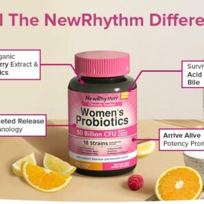 New Rhythm Women's Probiotics, Organic Cranberry for Feminine Health, 50 Billion CFU 18 Strains, Probiotics with Prebiotics 60 count